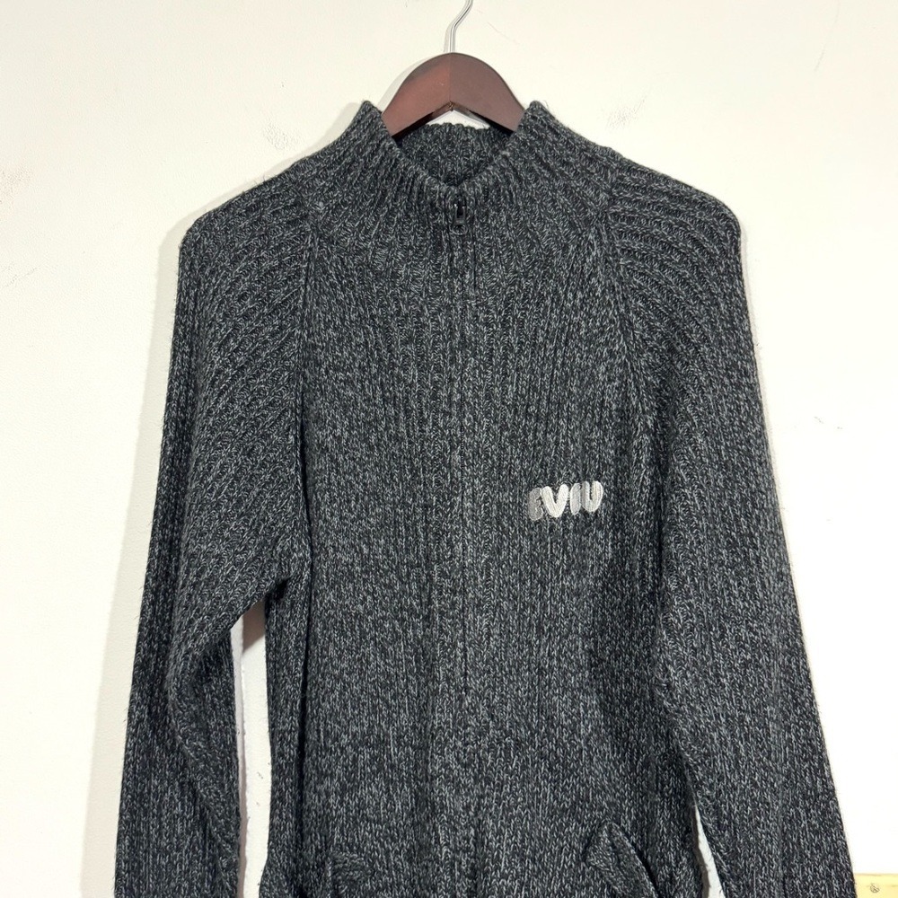 Evisu Genes Knit Double Zipped Cardigan Grey Buckle Longline Mock Neck Medium - Picture 4 of 12